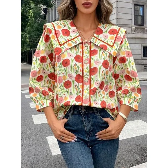 Women's Cotton Button Down Shirt 3/4 Sleeve Floral V Neck Office Casual